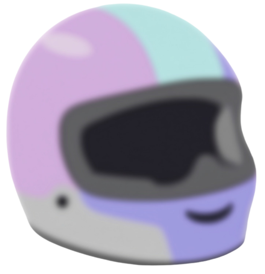 Casco de motocicleta con un diseño colorido en tonos pastel y una boca sonriente en la parte frontal.