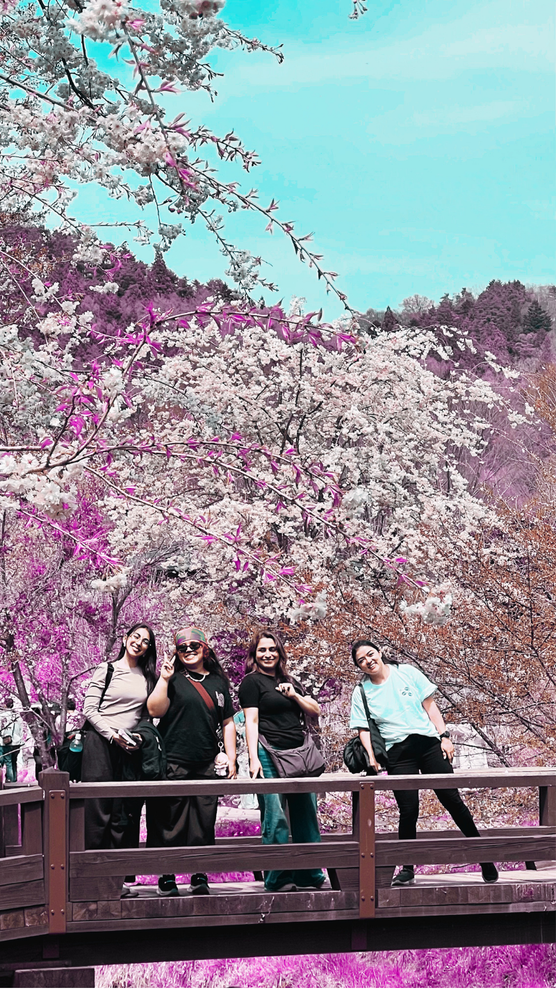 Cuatro personas sonriendo y posando en un puente en un parque con árboles en flor y fondo de colinas y cielo azul.