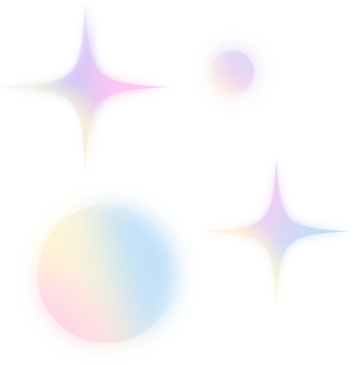 Figuras abstractas de colores pastel en forma de estrellas y círculos sobre fondo negro con áreas de color rosa y azul.