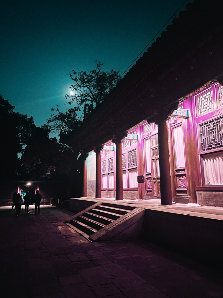 Edificio tradicional iluminado en la noche, con escalinata, columnas y ventanas decoradas, luna llena y árboles en el fondo.