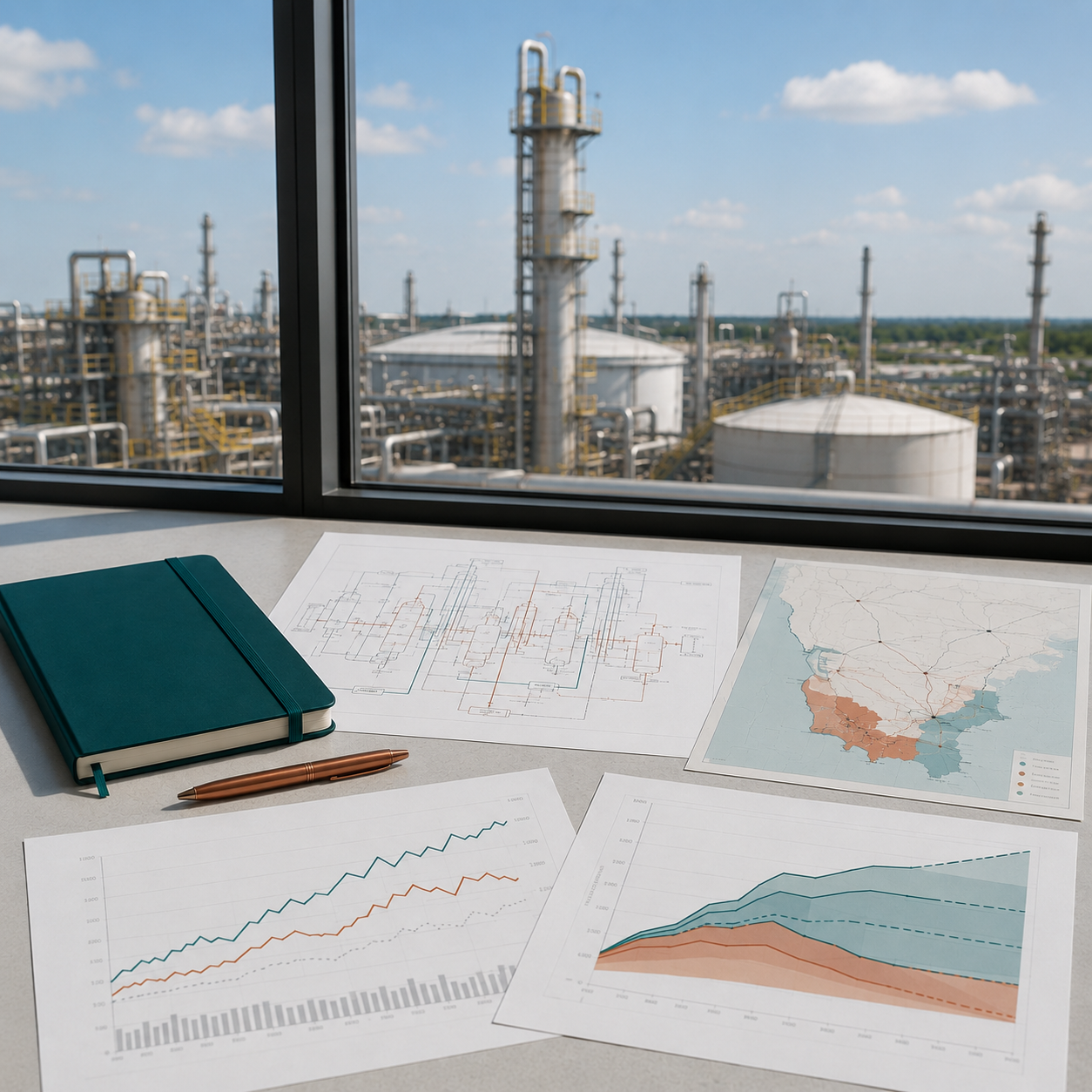 Desk with analytical charts and maps, overlooking an industrial plant / refinery through a window.