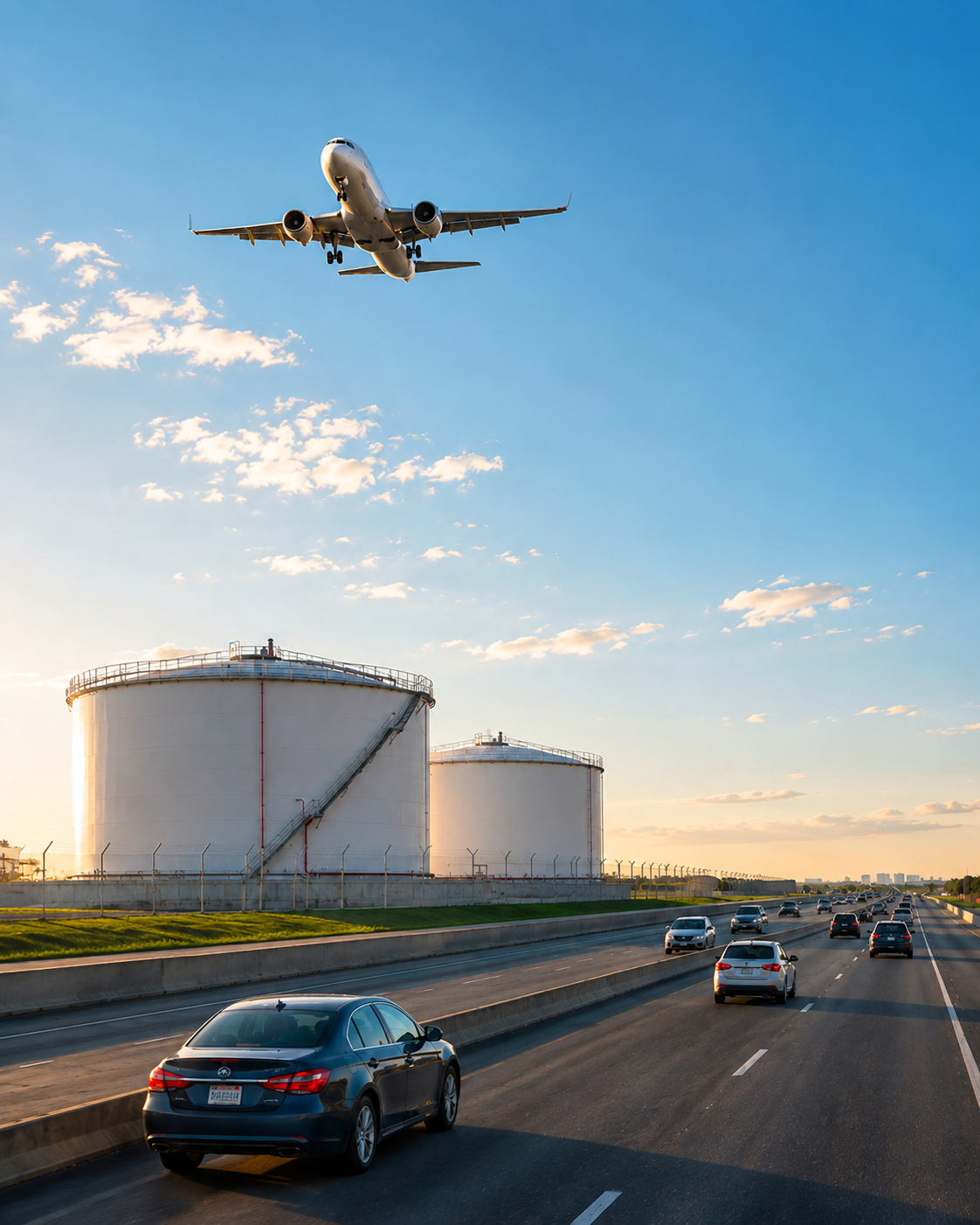 An airplane flying low over highway with cars and large white fuel tanks against a blue sky with clouds at sunset. Illustrates liquid petroleum fuel demand and storage.
