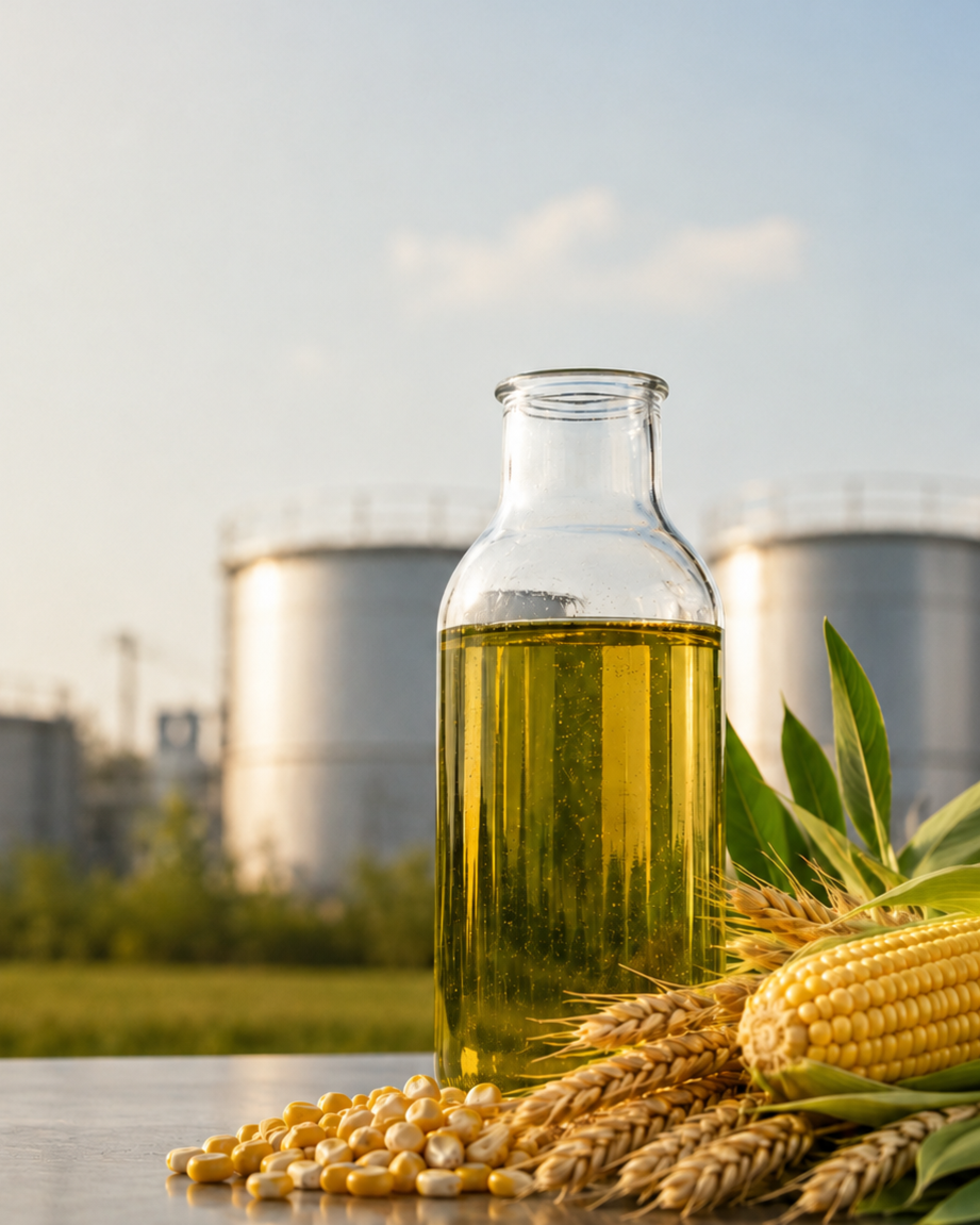 A glass bottle of biofuel, surrounded by fresh corn, wheat, and green leaves outdoors with industrial storage tanks in the background. Illustrates biofuel raw material supply and production of renewable fuels (renewable diesel, SAF).