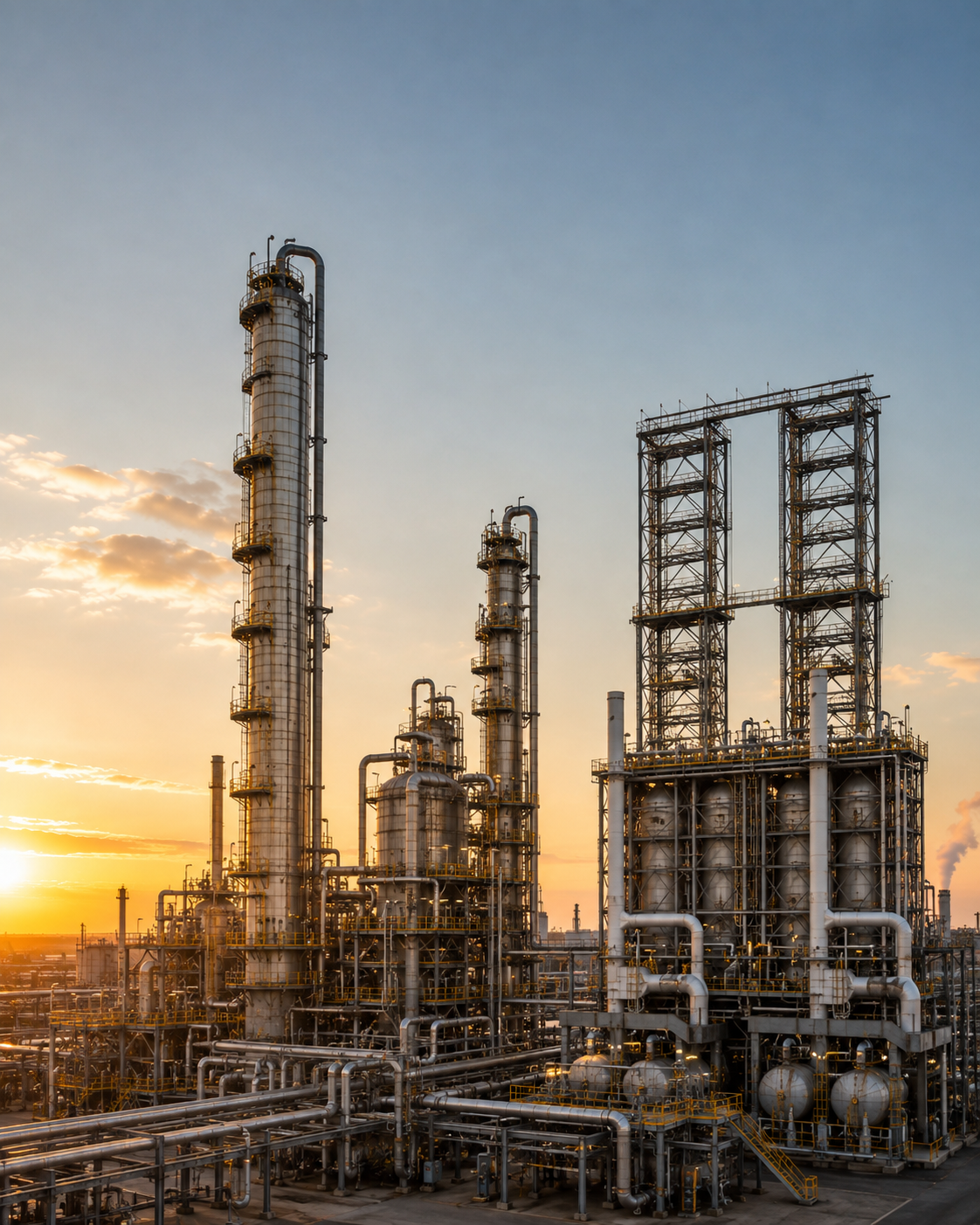 Refinery with multiple distillation towers, a delayed coker, and pipes during sunset. Illustrates refining and refined product production.