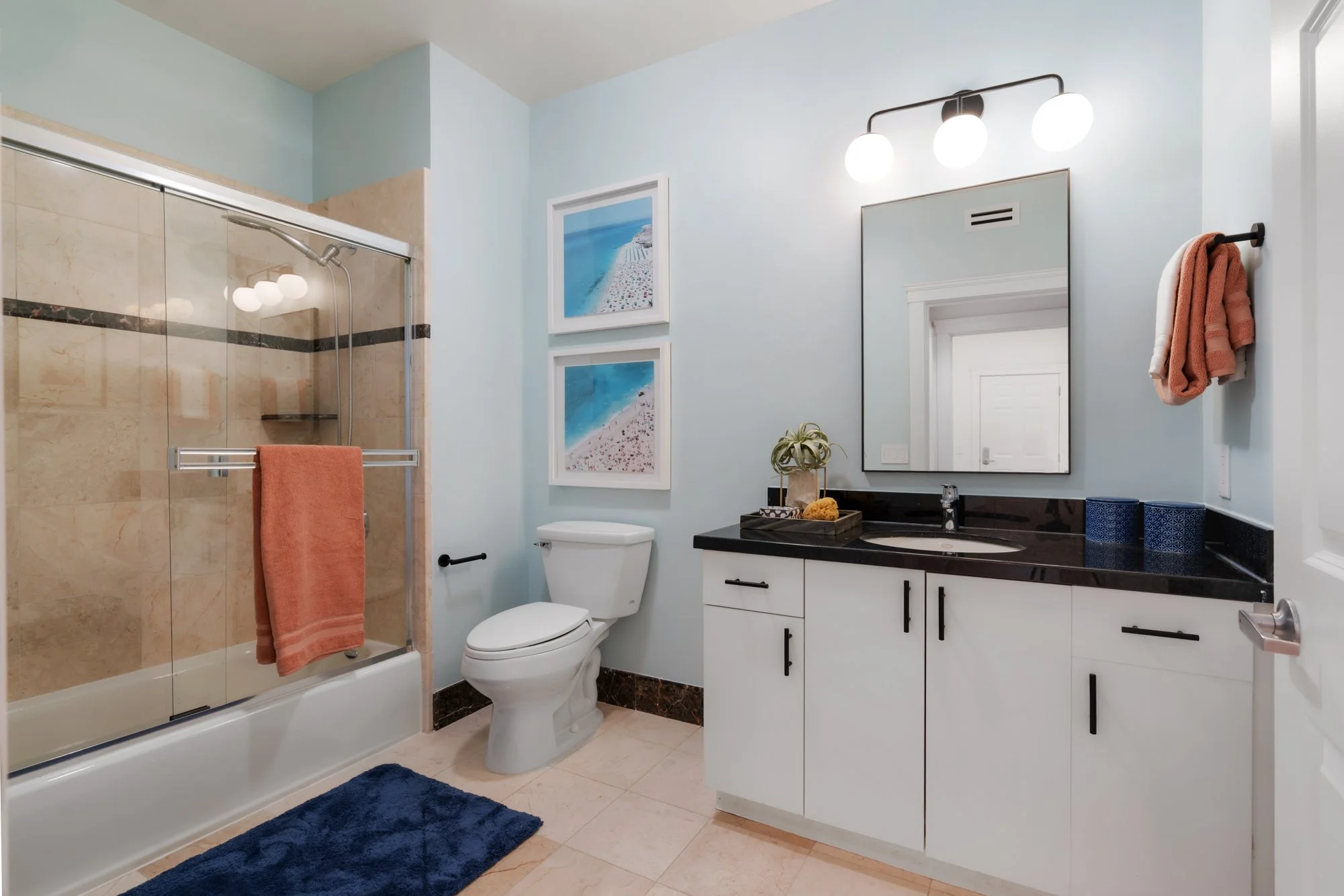 Bathroom with shower stall, toilet, and a black vanity with a white cabinet and a mirror, framed artwork of a beach scene, and a towel rack with folded towels.