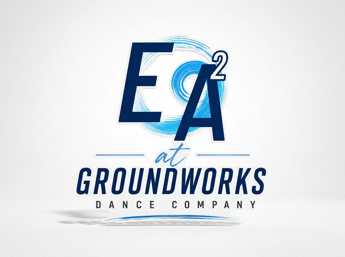 Logo for 'E&A at Groundworks Dance Company' featuring stylized text and circular graphic design elements in blue and white.