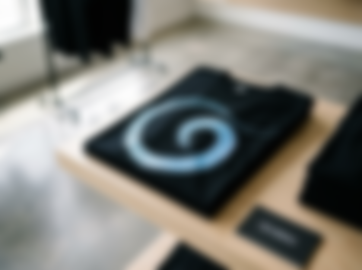 Blurry image of a spiral ice cream or swirl design on a black background, placed on a wooden surface next to some black objects.