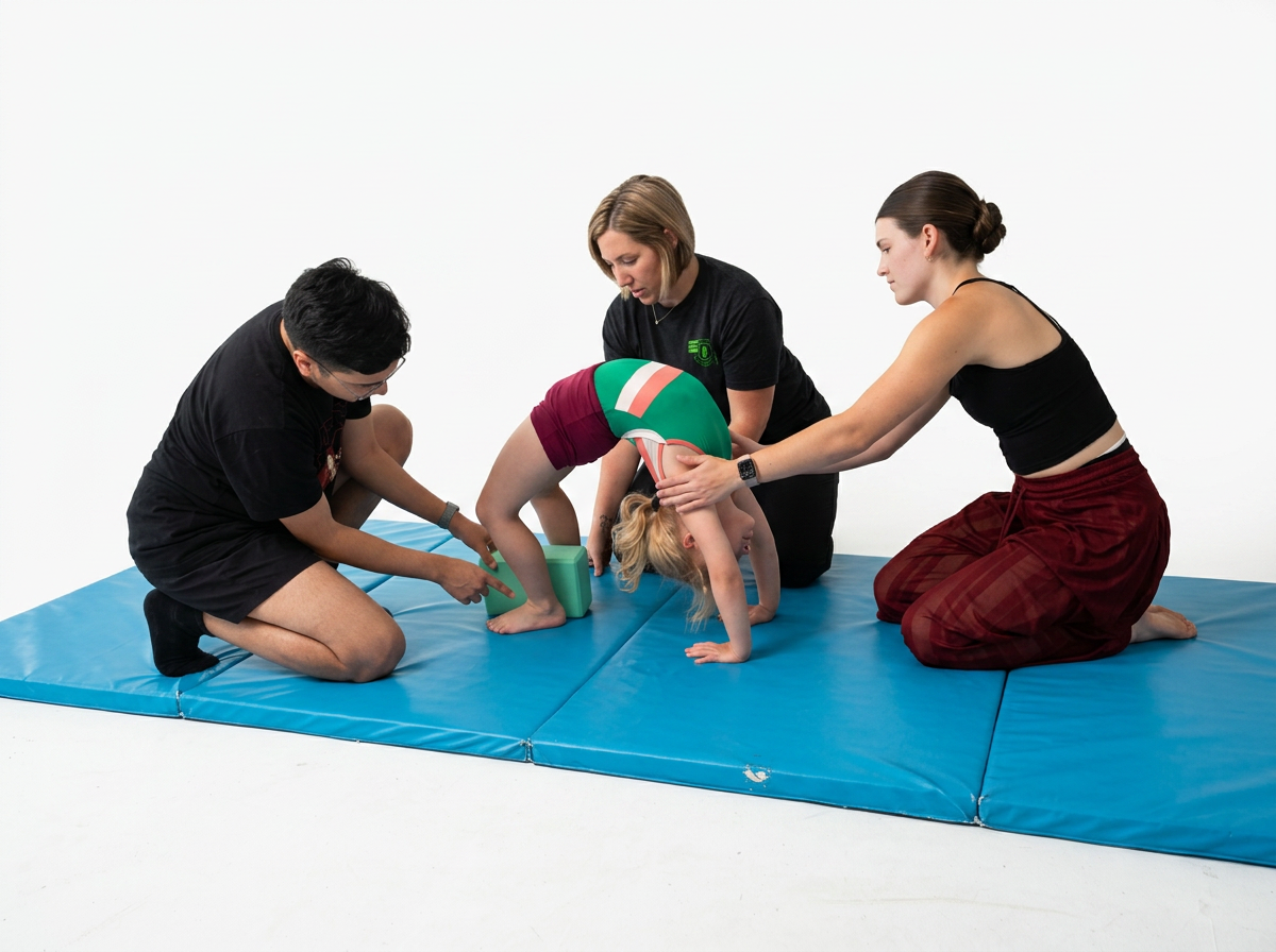 A young girl in a red and green gymnastics uniform performing a backbend on a blue gym mat while two women and a man assist her.