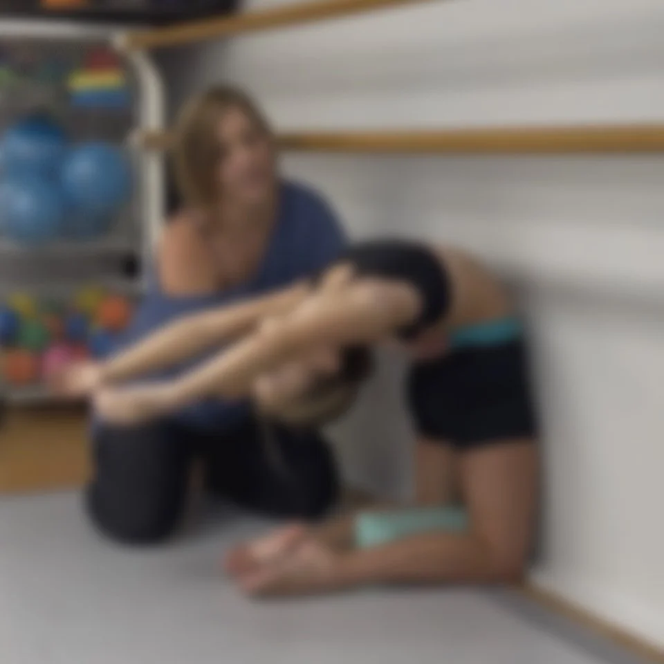 A woman assisting a young girl in a stretching or exercise activity on the floor of a gym or therapy space.