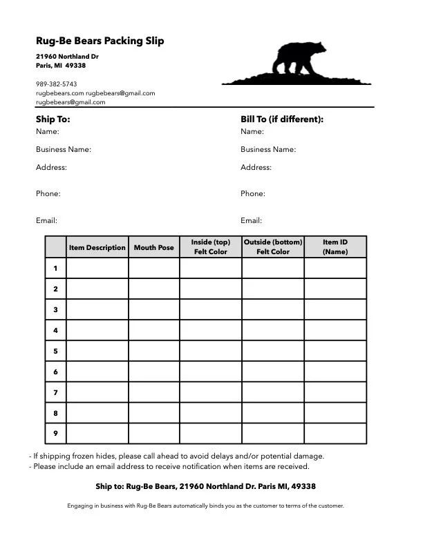 A packing slip from Rug-Be Bears featuring a silhouette of a bear on a hill in the top right corner, with contact information and a table for listing item descriptions, mouth poses, felt colors inside and outside, and item IDs.