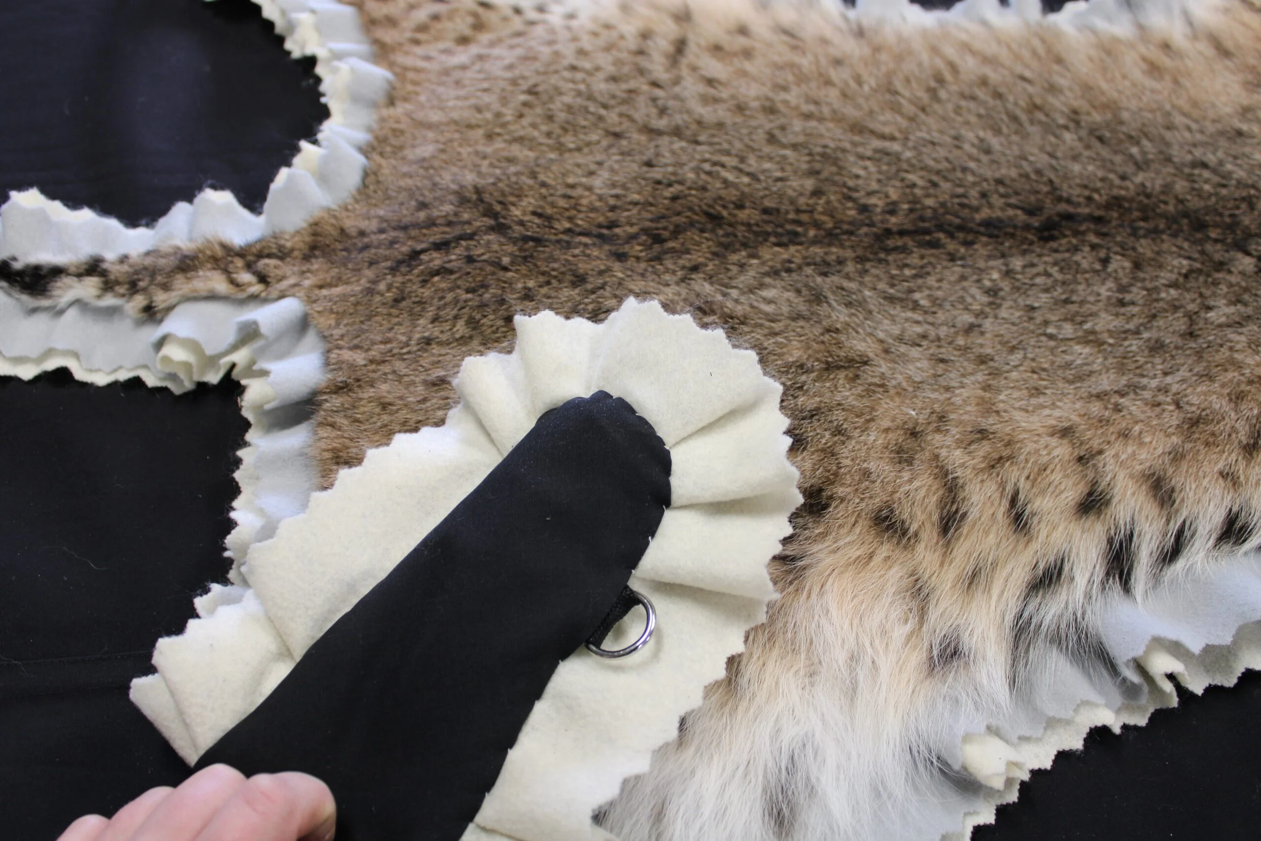 The back side of a bobcat rug, show casing the backing and d-rings. 