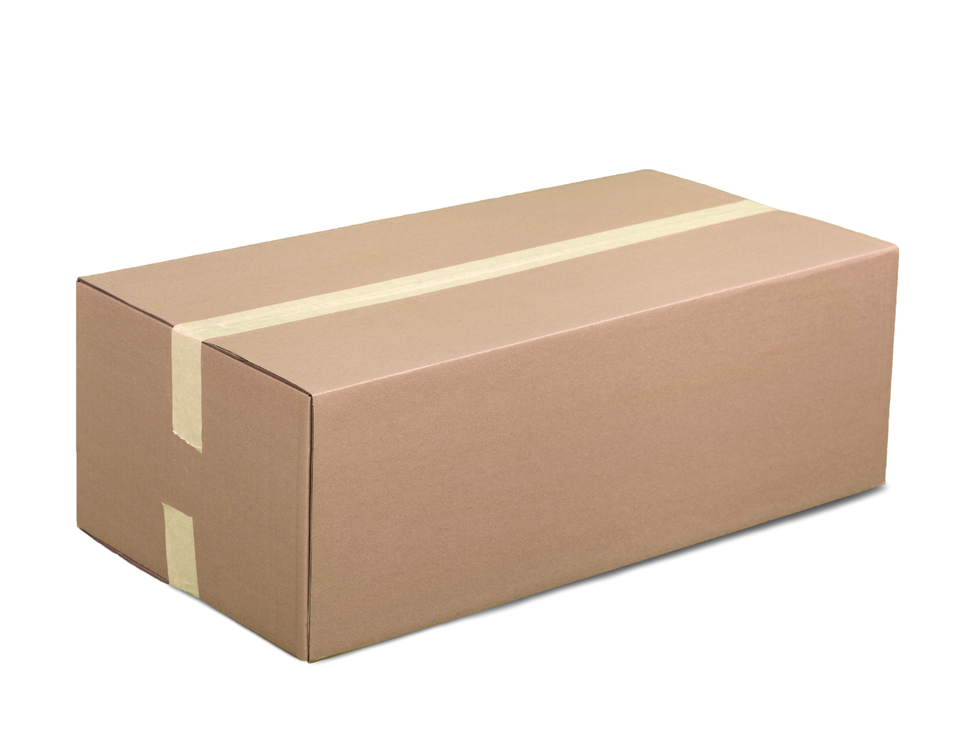 A plain brown cardboard shipping box sealed with tan packing tape.