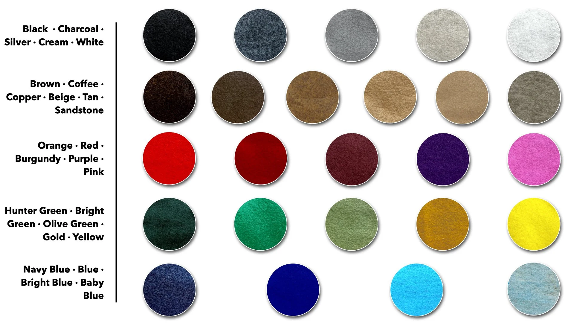 Color chart with circular swatches organized in rows by color categories: blacks, browns, reds, greens, and blues. Each row includes multiple shades labeled with color names.