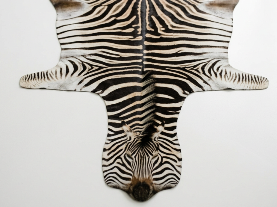 A standard flat rug zebra with suded binding.