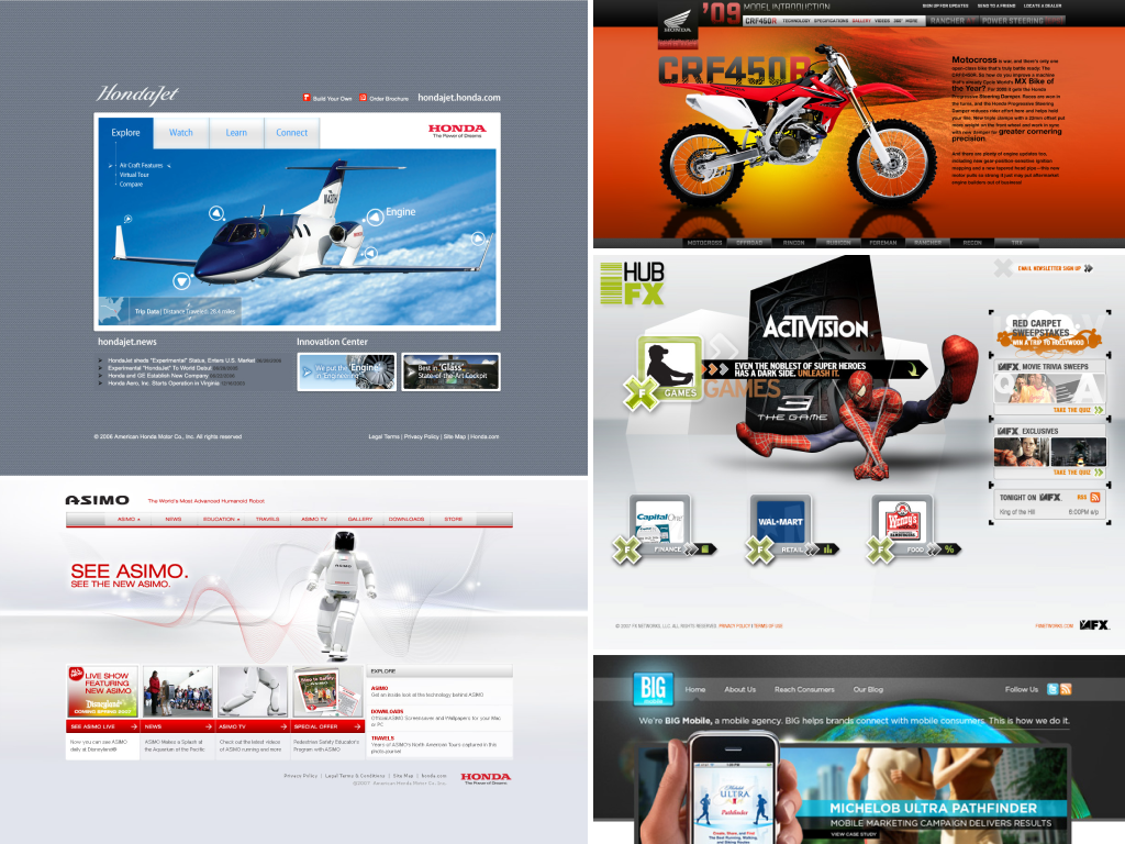 Digital design work for Honda, FX Networks, Activision, and BIG Interactive, including HondaJet, ASIMO, and CRF450R experiences.