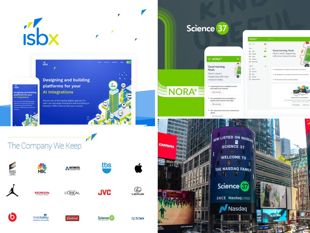 Creative direction, product design, and brand work for ISBX and Science 37, including the NORA clinical trial platform and Science 37’s Nasdaq debut.