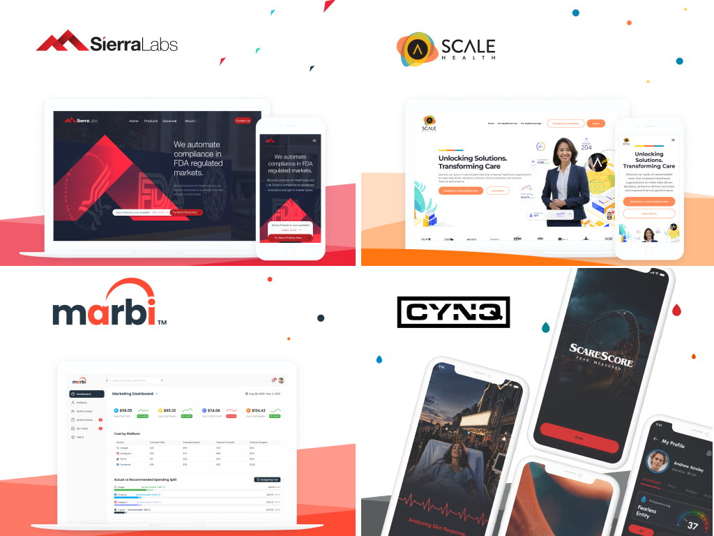 Brand and product design work for Sierra Labs, ScaleHealth, Marbi, CYNQ, and ScareScore across healthcare, AI, and digital experiences.