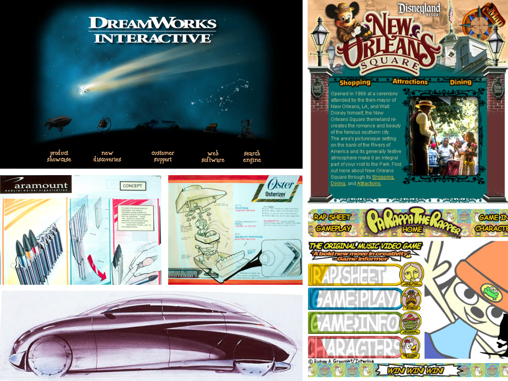 Early digital and interactive design work for DreamWorks, Disneyland, Paramount, Oster, and PaRappa the Rapper.