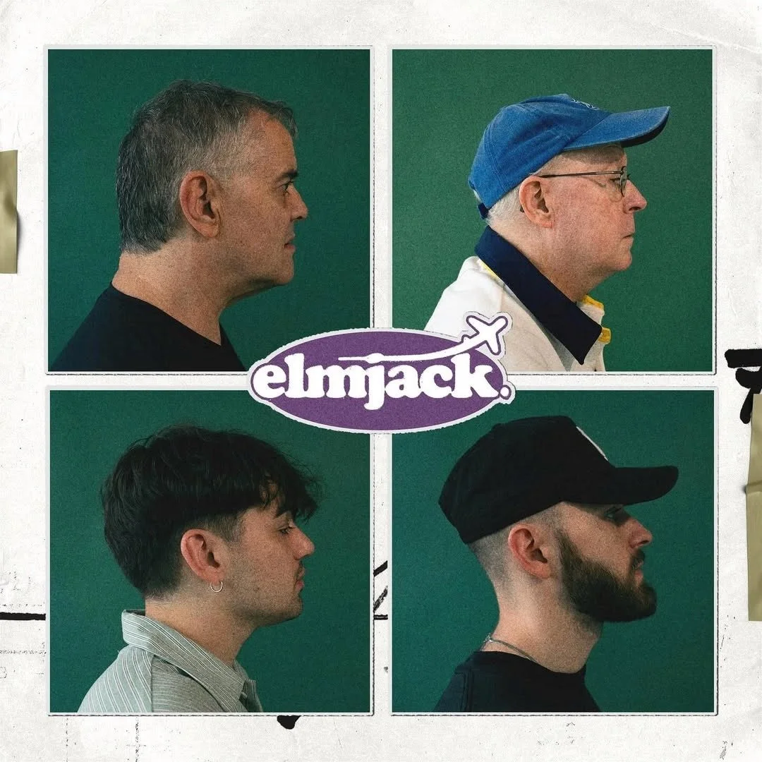 Four side profile photos of men arranged in a 2x2 grid with a purple and white "elmjack" logo in the center. The background is green.