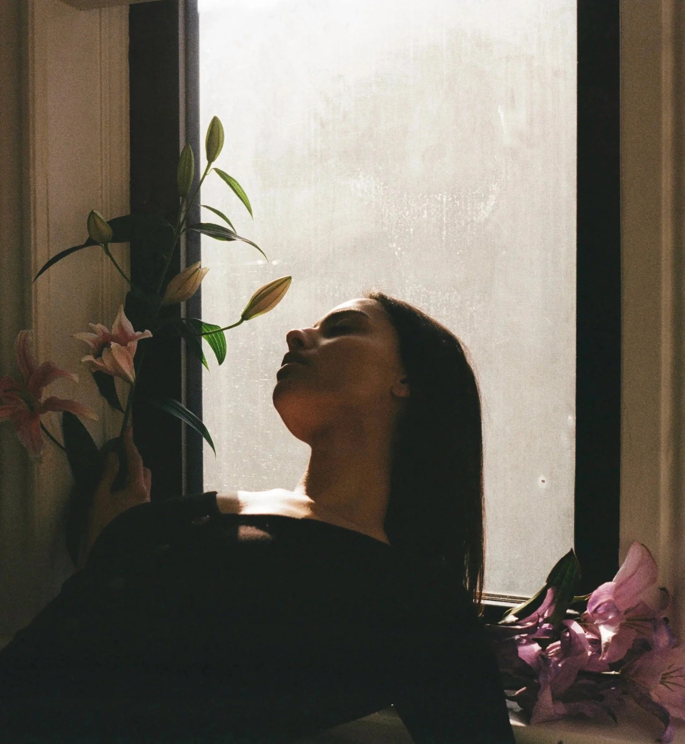 A person with dark hair and light skin is lying down near a window with water streaks, with a headset or headphones on. A tall plant with green leaves and pink flowers is next to them, and a bouquet of pink flowers is seen in the foreground.