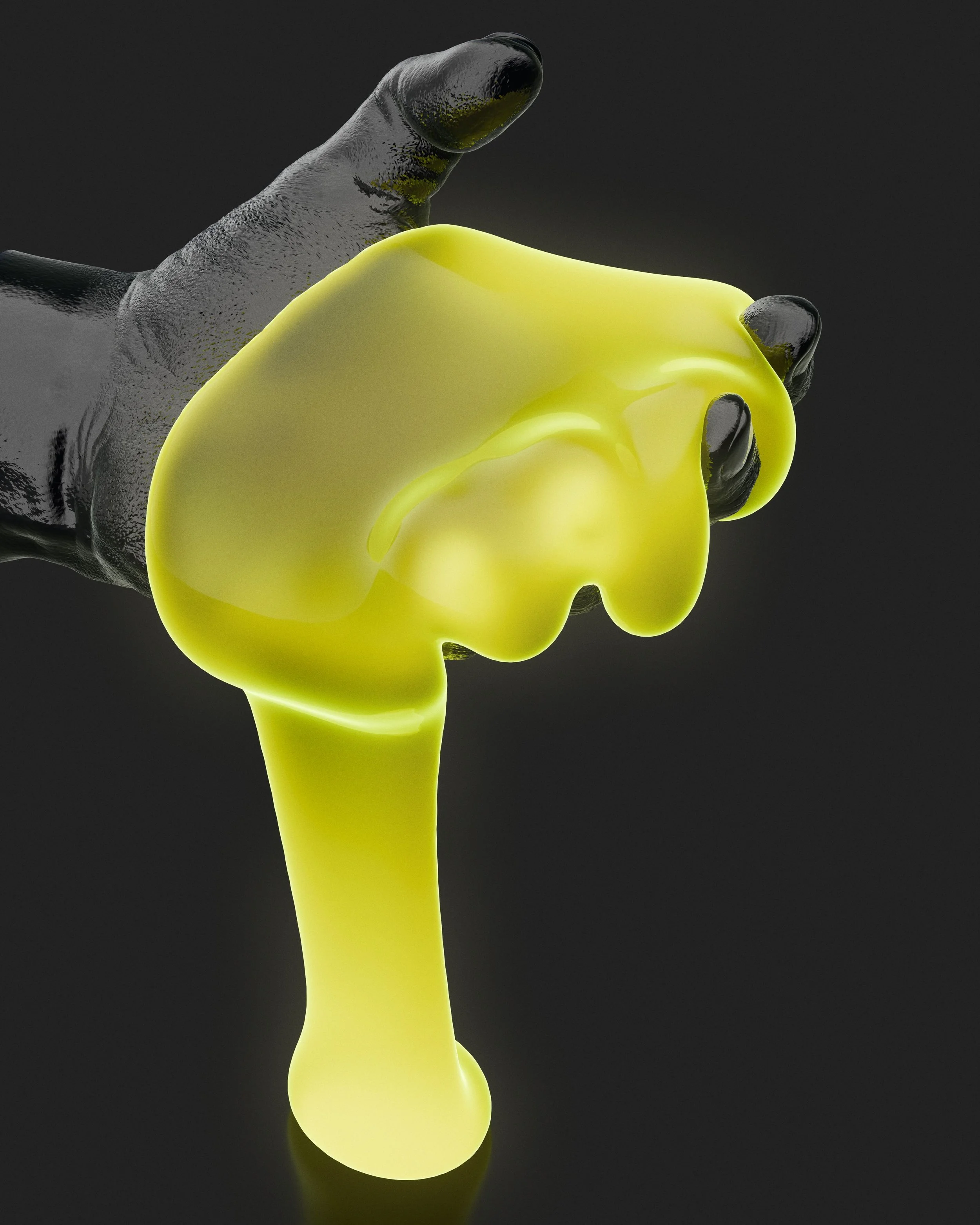 A hand with dark skin tones appears to be squeezing yellow paint onto a reflective black surface.