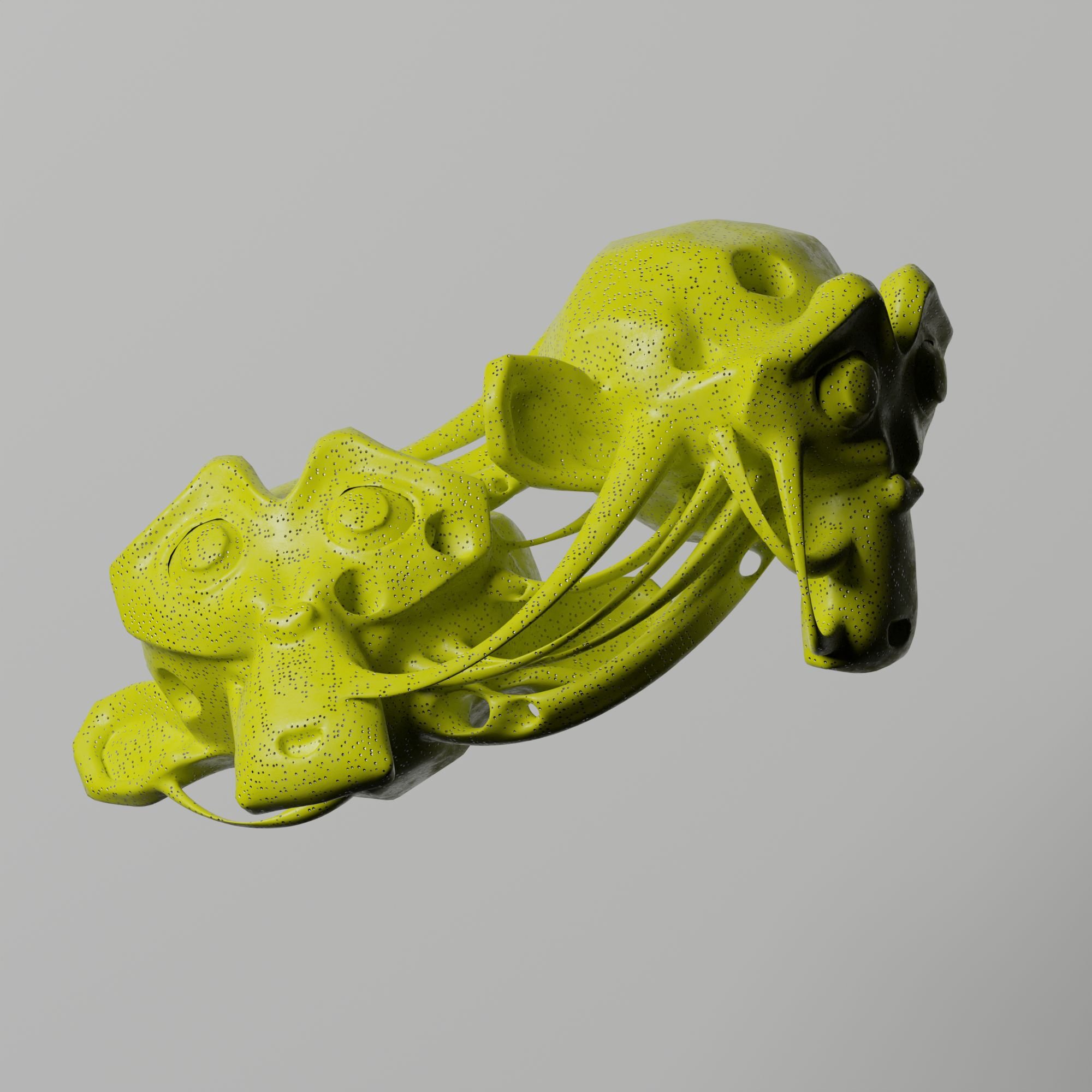 A sculpture of a reclining figure, painted in bright lime green with black accents, featuring small black dots across the surface, against a plain gray background.