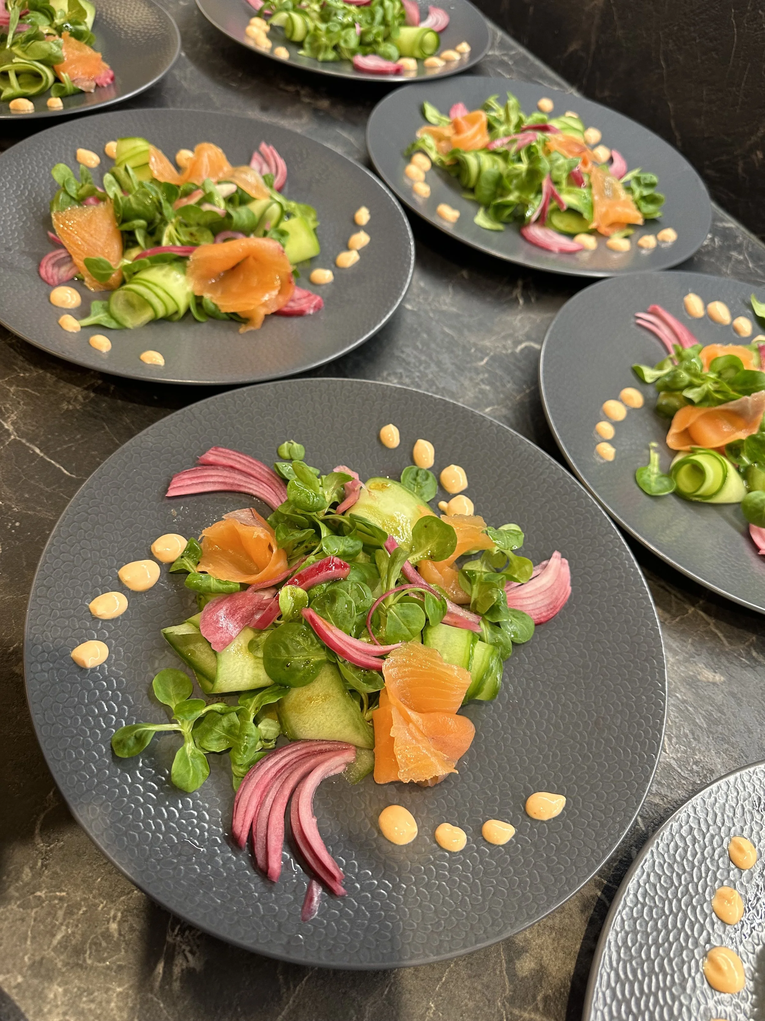 Salad with smoked salmon, cucumber, red onion, and a light dressing served on dark textured plates