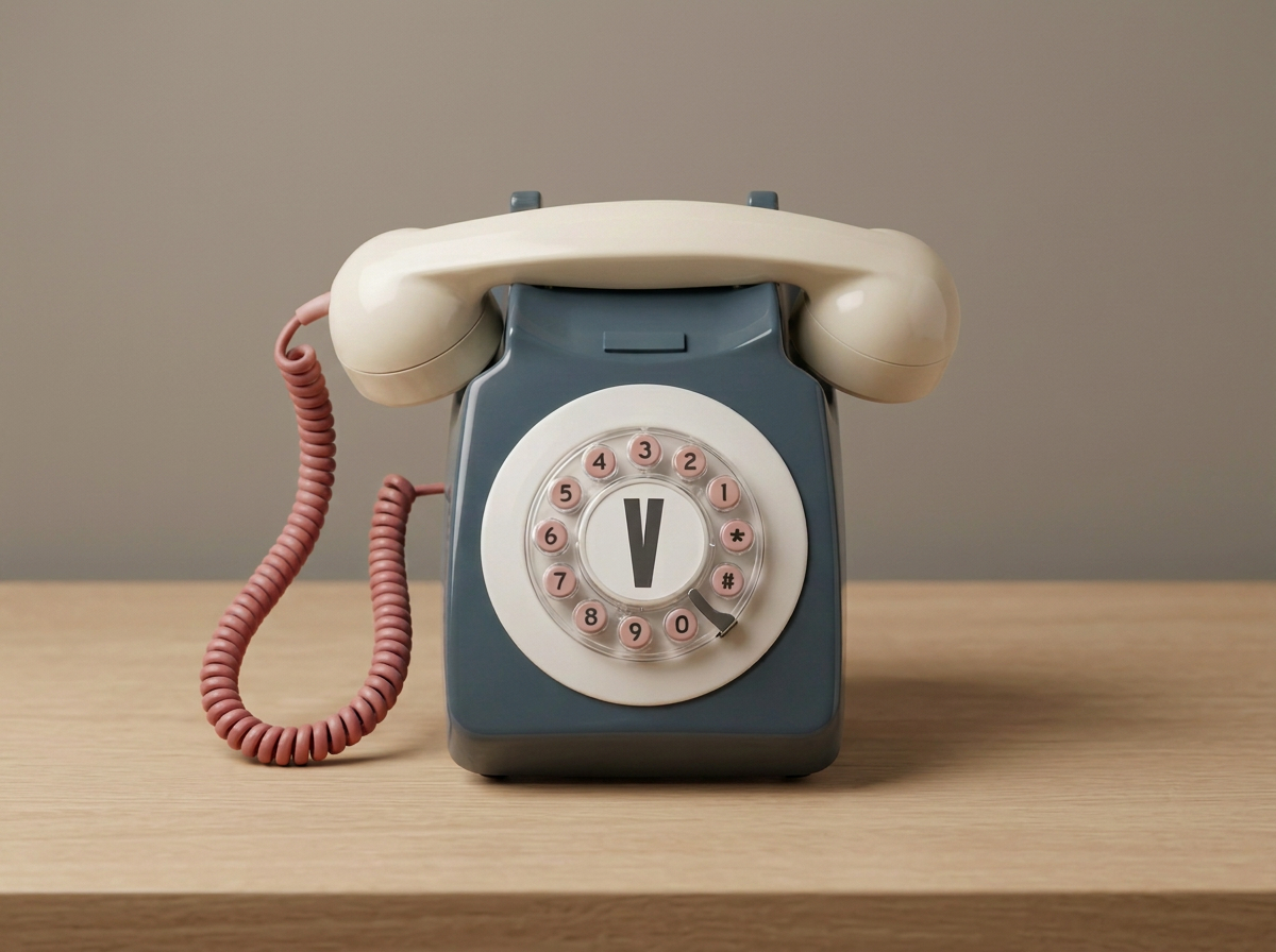 A vintage rotary telephone on a wooden surface, with a beige handset and pink coiled cord, and a gray body with white dial and pink number buttons.