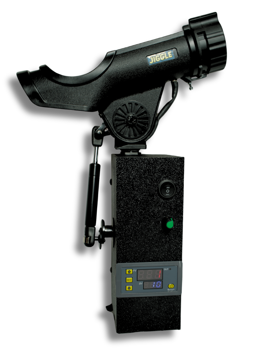 A mountable fishing rod jiggler mounted on a robotic motorized base with digital display and buttons, labeled 'JIGGLE'