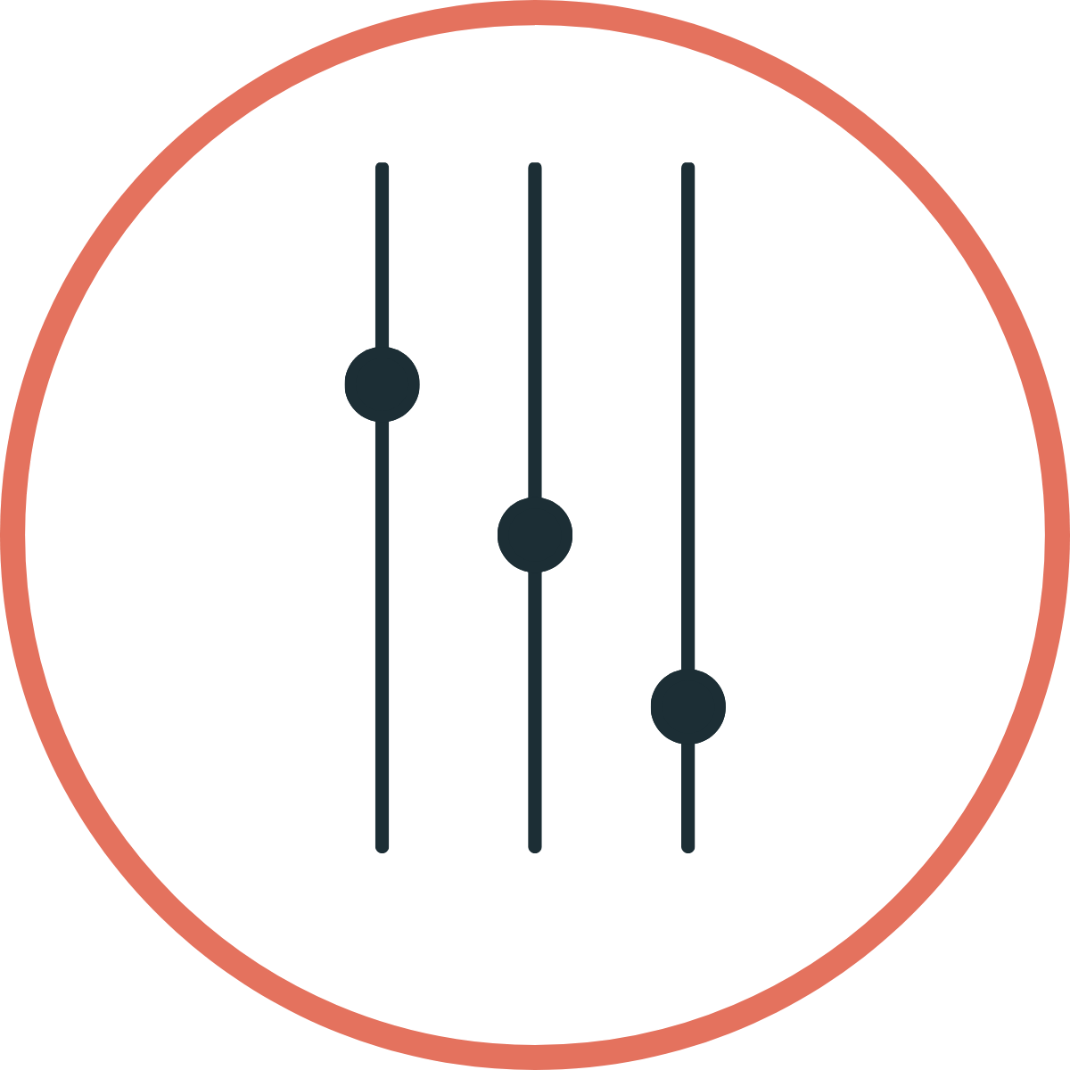Music mixing console with four vertical sliders, a circular border, and a black background.