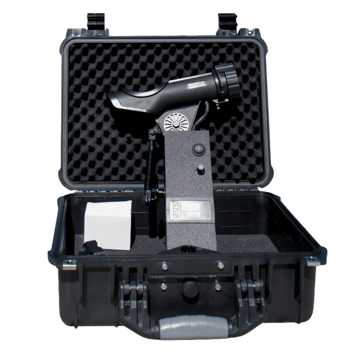 A Jiggleon mountable fishing rod jiggler mounted inside it's carrying box.