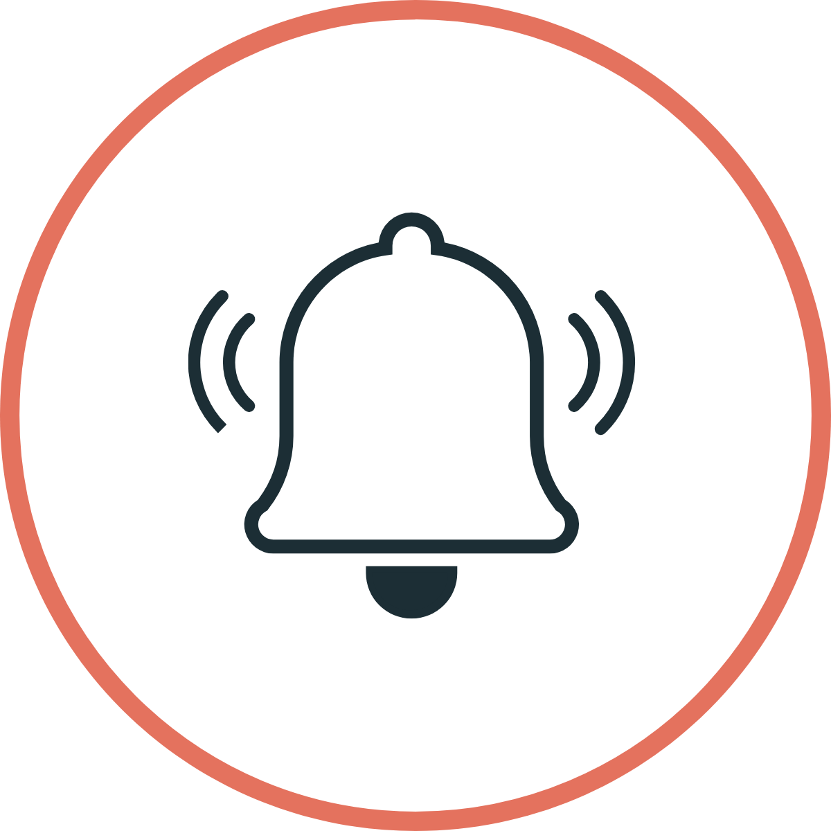 Notification bell icon with sound waves on a black background enclosed in a red circle.