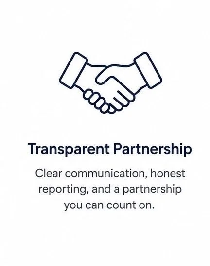 Illustration of two hands shaking with the text 'Transparent Partnership' and a description about clear communication, honest reporting, and reliable partnership.