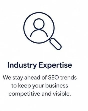 Icon of a person inside a magnifying glass, with the text 'Industry Expertise' and a description about staying ahead of SEO trends to keep a business competitive and visible.