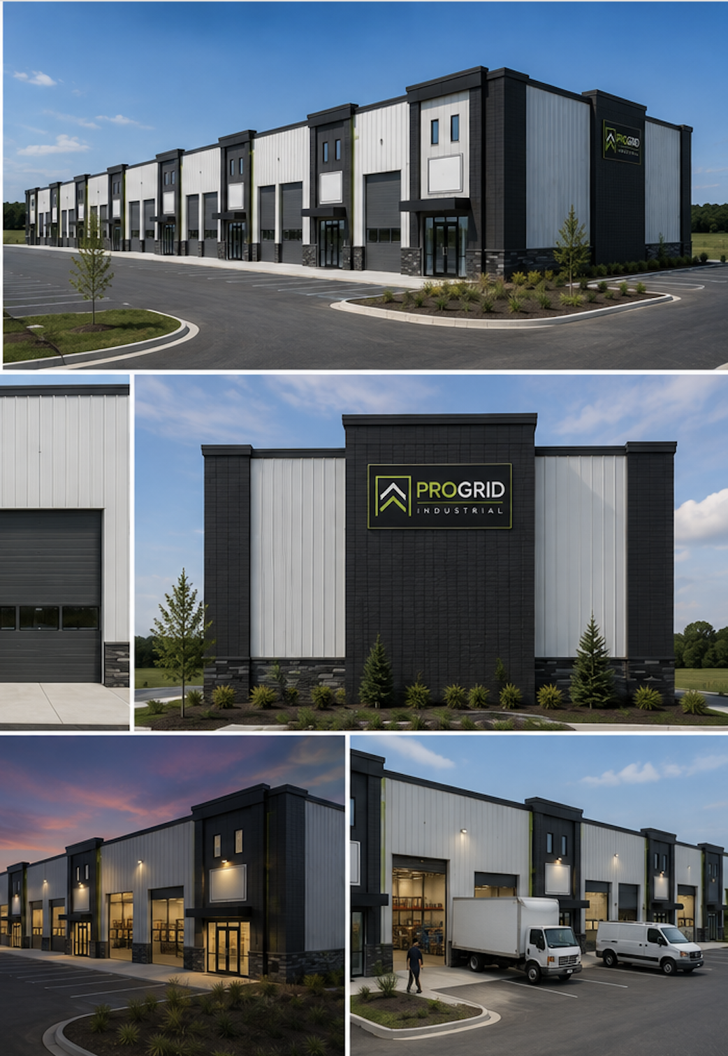 A modern industrial warehouse building with multiple loading docks and parking spaces, branded with a Pro Grid Industrial sign, shown during daylight and evening hours.