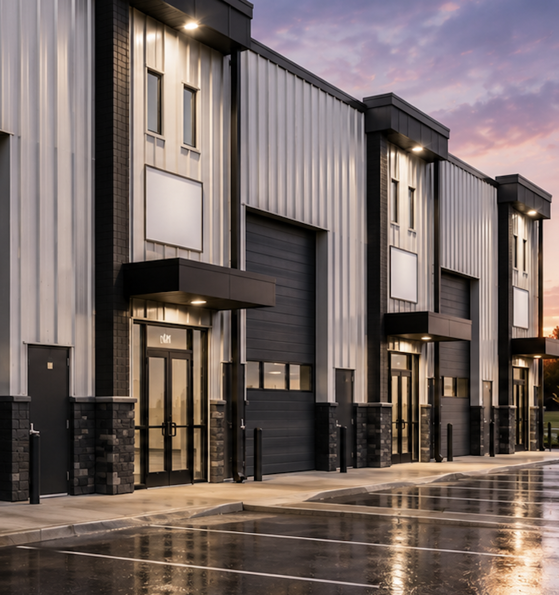 Modern industrial-style building with metal siding, multiple garage doors, and a parking lot in front during sunset.