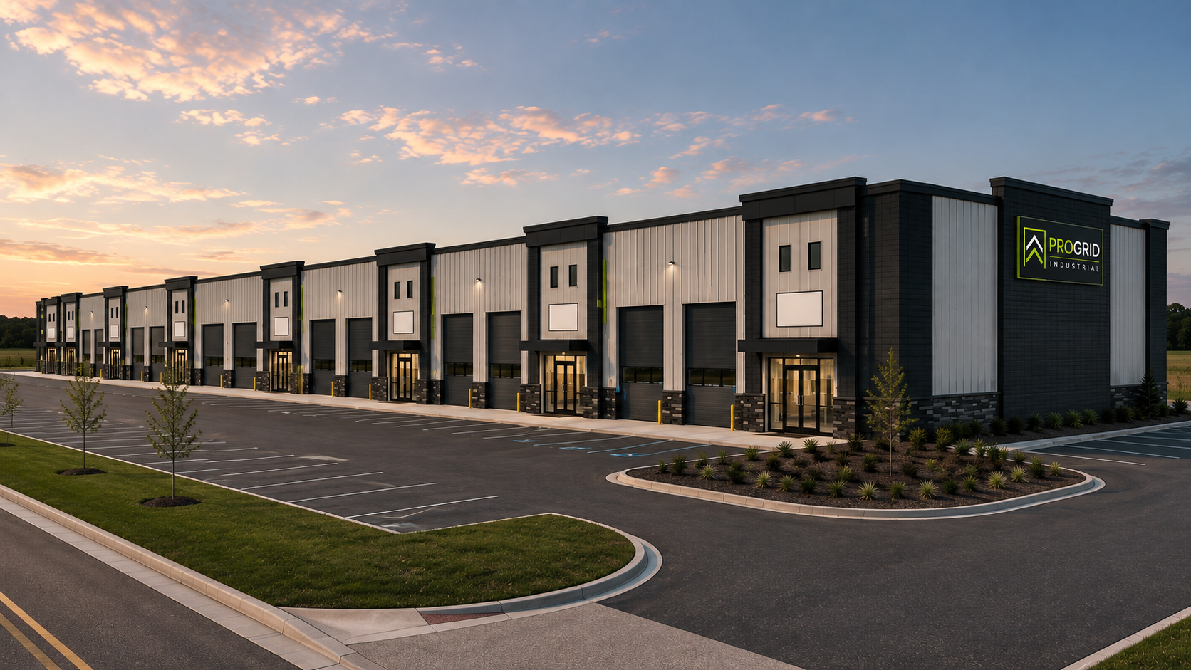 Large industrial warehouse building with multiple bays, surrounded by a parking lot with several empty spaces, small trees, and landscaped areas, under a sunset sky.