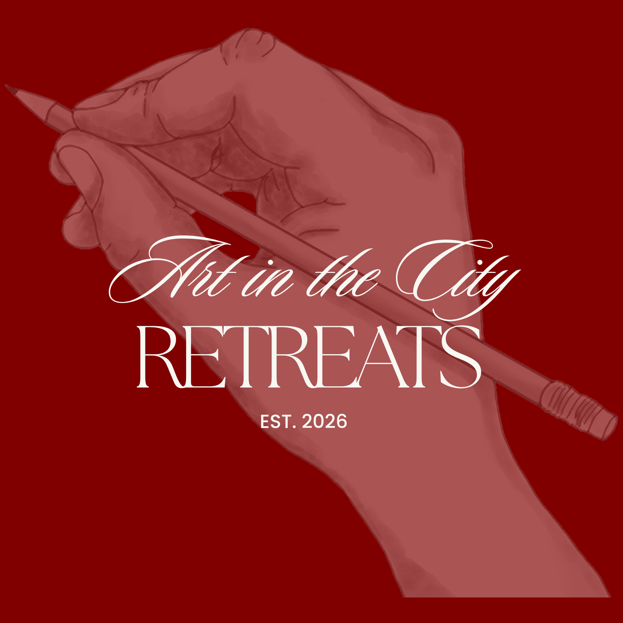 A hand holding a pencil and drawing, with the Art in the City Retreats logo written over it.