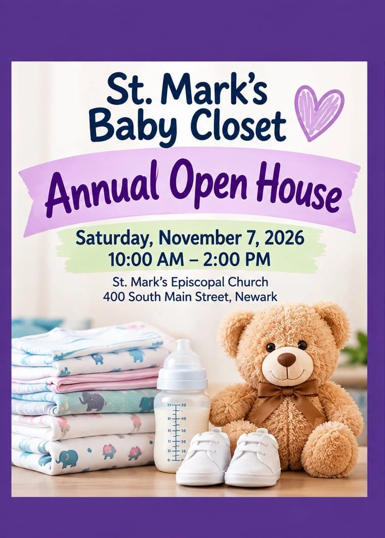 Baby supplies, folded children’s clothing, a bottle, baby shoes, and a teddy bear representing the St. Mark’s Baby Closet Annual Open House.