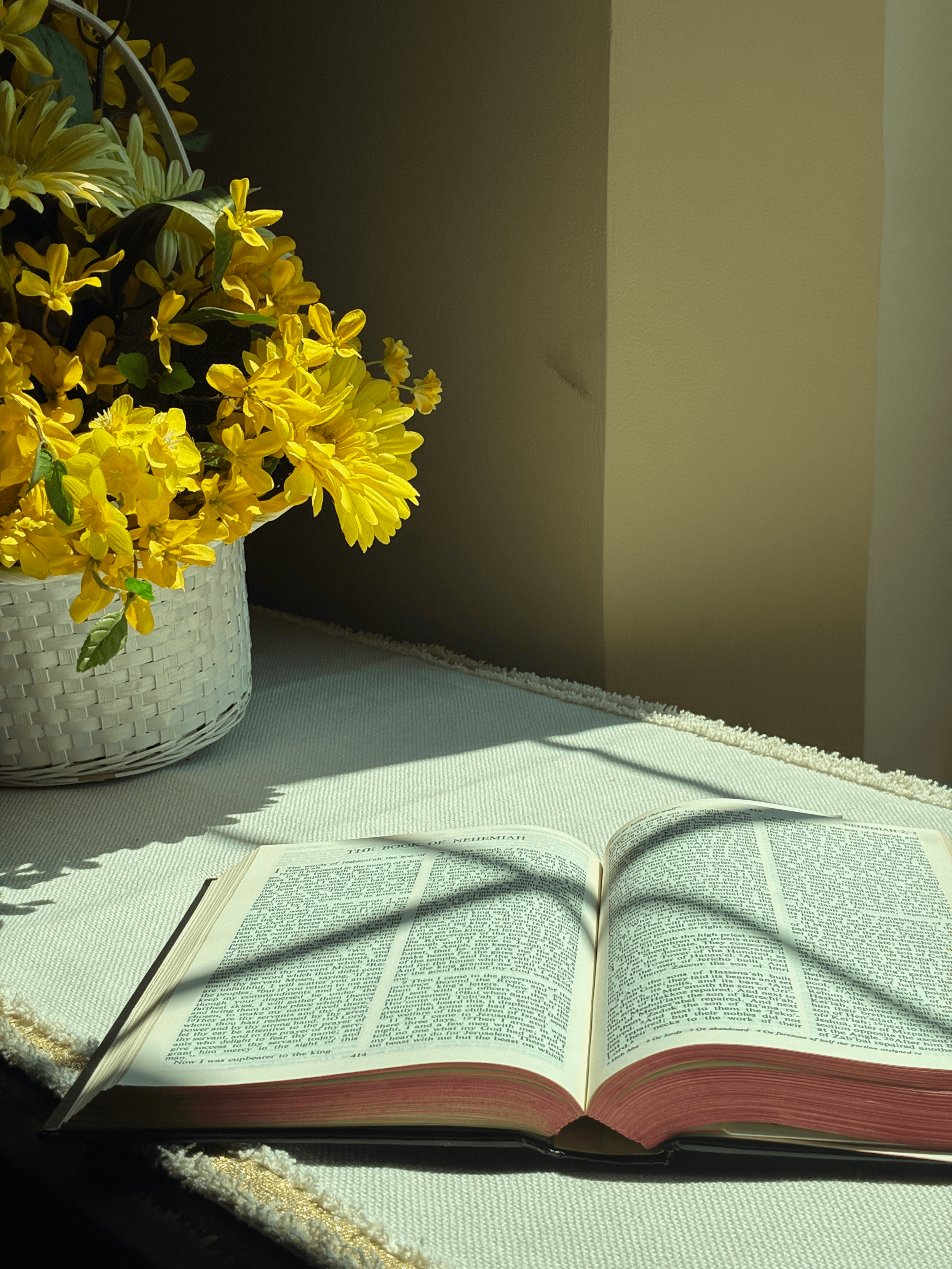 Open Bible with text visible, placed on a stand or table, with a basket of yellow flowers nearby, illuminated by sunlight.