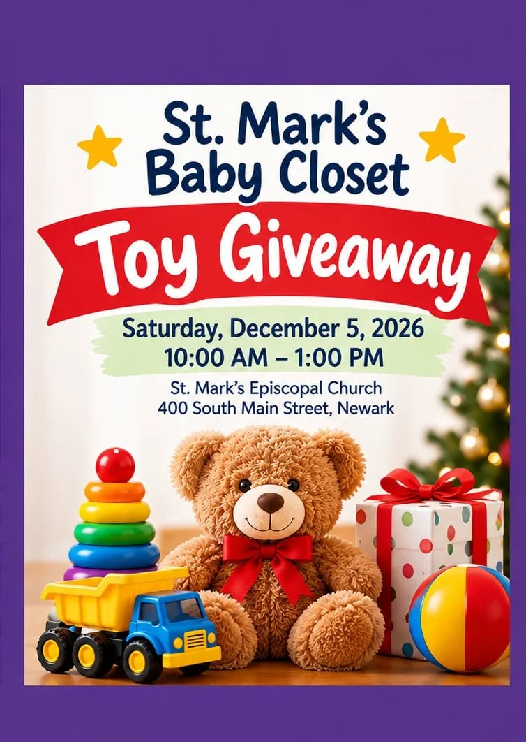 Teddy bear surrounded by colorful children’s toys and a wrapped Christmas gift representing the St. Mark’s Baby Closet Toy Giveaway.