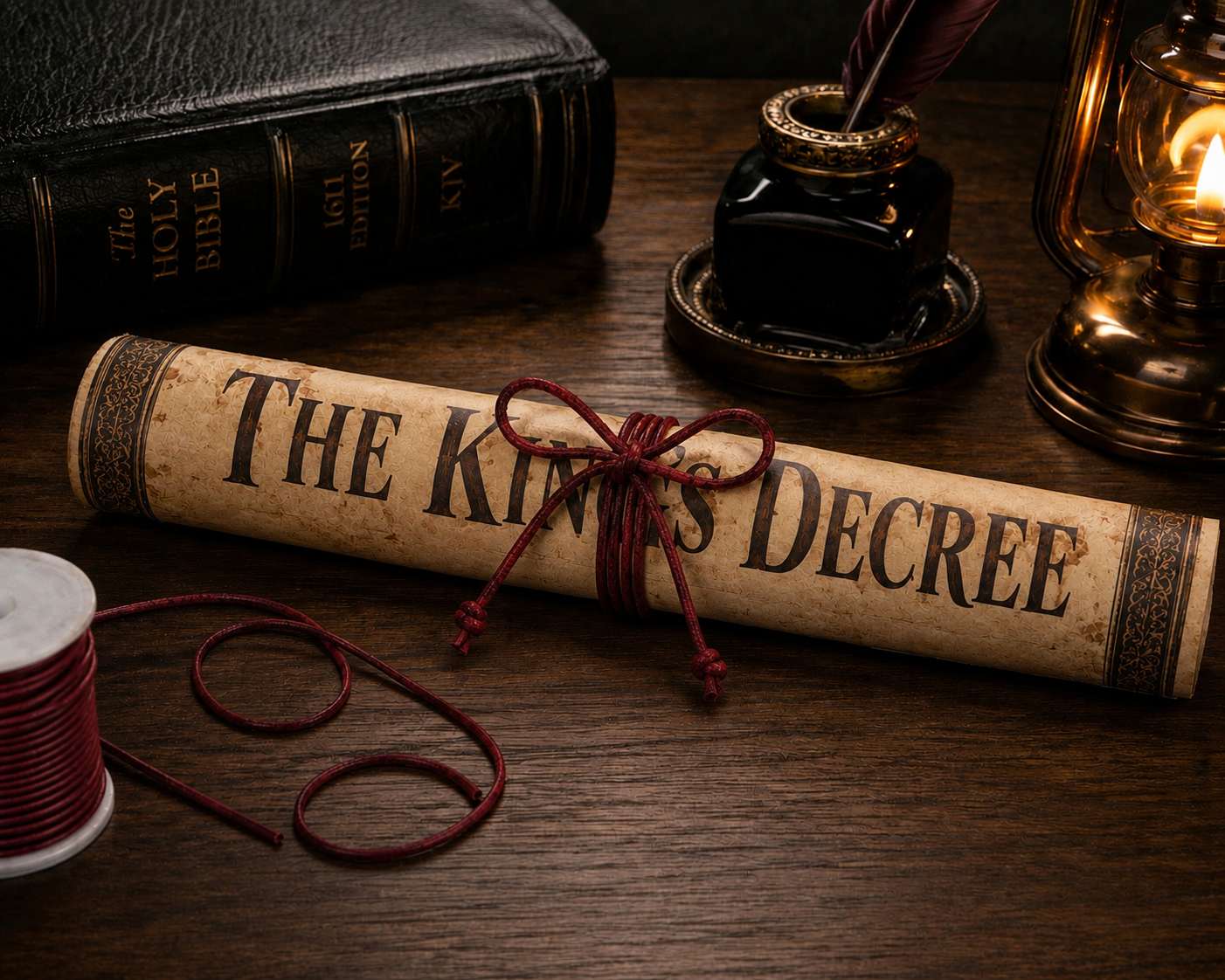 A scroll of paper labeled 'The King's Decree' tied with red string, resting on a wooden desk alongside a Bible, ink bottle with quill pen, and a candle lantern.
