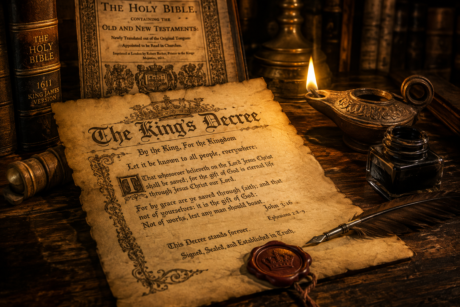 The King's Decree handcrafted gospel tract displayed on vintage parchment beside a KJV Bible, quill pen, ink bottle, and candle on a wooden desk.
