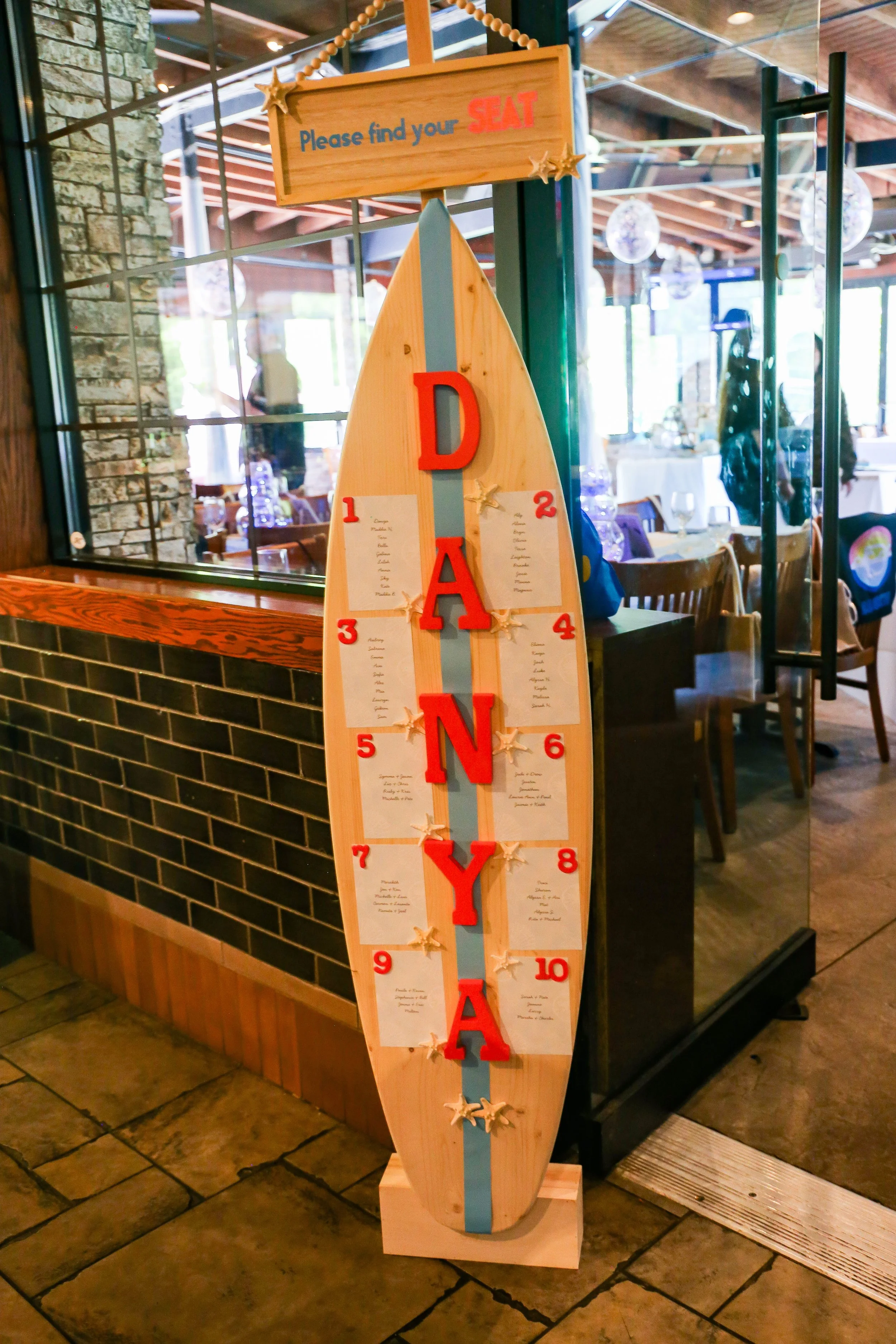 surfboard sign at event by claras creations.JPEG