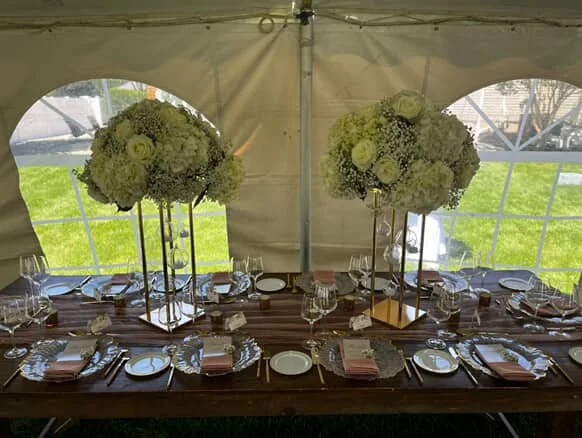 table setting at event under tent with tall white flowers.JPG