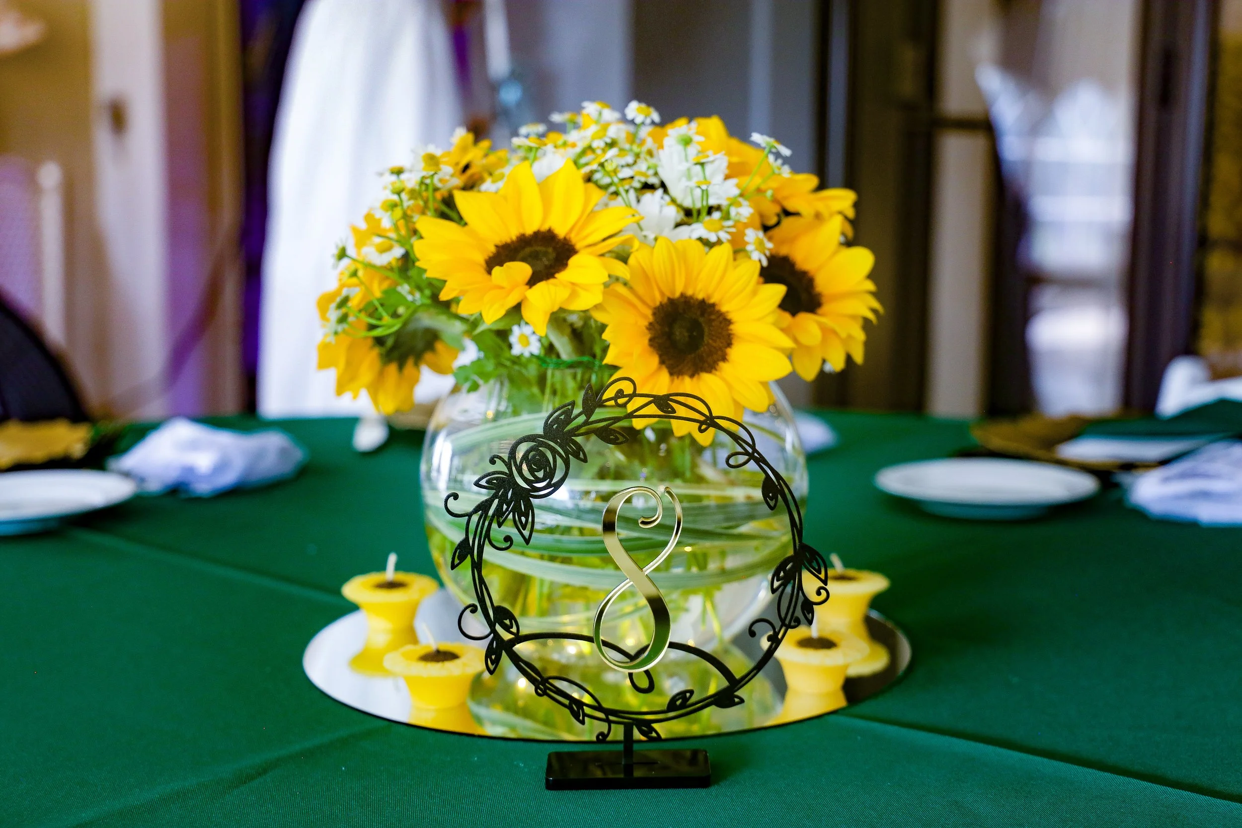 sunflower centerpiece with table number.JPG