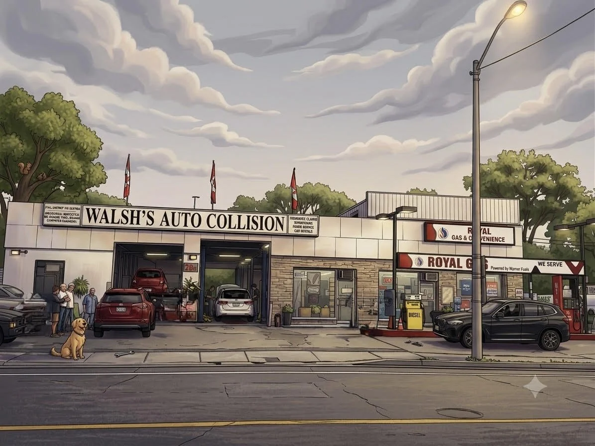 A cartoon-style image of Walsh's Auto Collision and Royal Gas & Convenience store. The auto shop has cars inside and people with dogs standing outside. The fuel station has a black car refueling at the pump. The sky is cloudy, and there are trees and streetlights in the background.