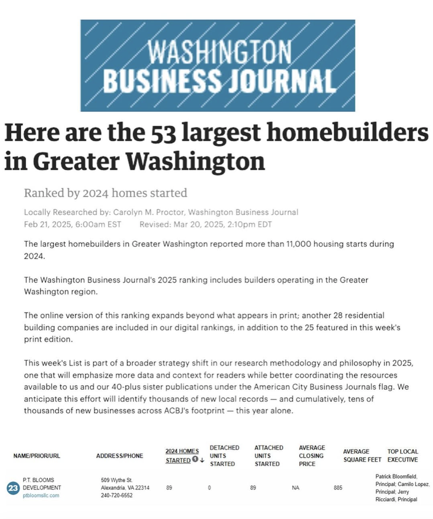 A screenshot of an online real estate ranking report from the Washington Business Journal, listing the 53 largest homebuilders in Greater Washington for 2024, with details about specific homebuilder projects and contacts.