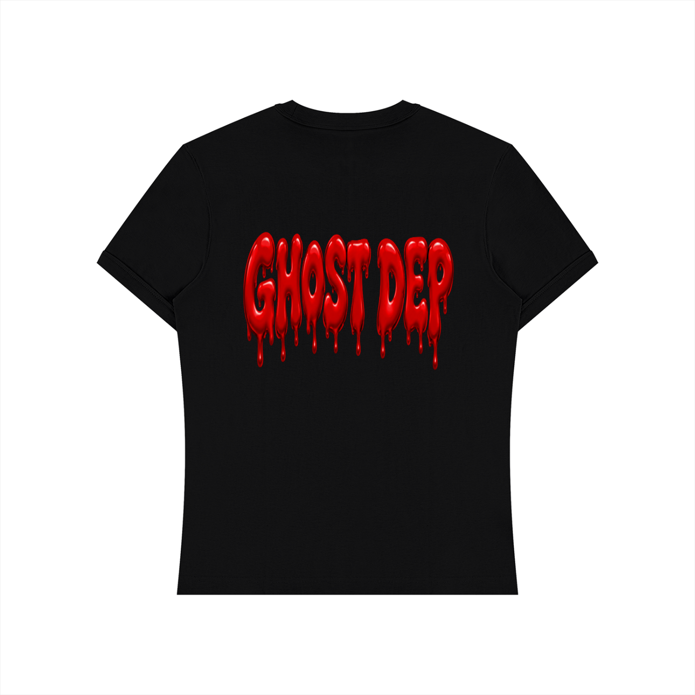 Black t-shirt with red, dripping text that reads 'GHOST DFER'.