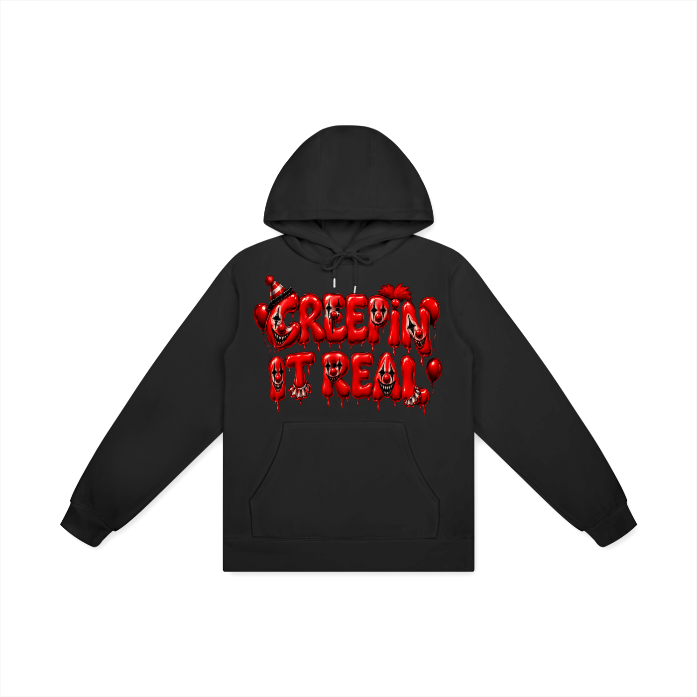 Black hoodie with red dripping text that says 'Creepin' It Real!' with clown faces and festive elements like a Santa hat and red pom-pom.